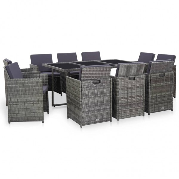 11 pcs conjunto jantar exterior c/ almofadões vime PE cinzento D