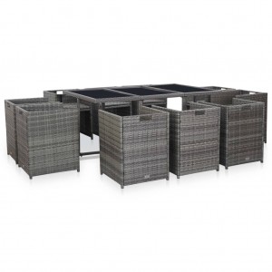 11 pcs conjunto jantar exterior c/ almofadões vime PE cinzento H