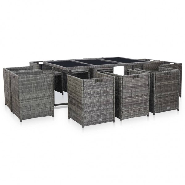 11 pcs conjunto jantar exterior c/ almofadões vime PE cinzento M 2