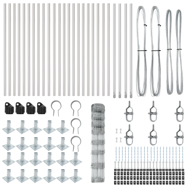 Cerca de Campo 1x50 m de Acero Galvanizado.  Poste de Cerca con Placas Base 13 pcs Ø32mm 110cm de Acero Galvanizado M 5