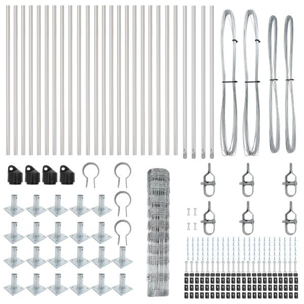 Valla de Campo 1x50 m Acero Galvanizado.  Postes de Valla con Placas Base 13 pcs Ø32mm 110cm Acero Galvanizado M 5