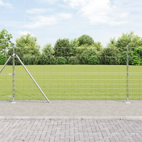 Cerca de Campo  1.2x50 m Acero Galvanizado. Postes de Cerca  con Placas Base 13 pcs Ø32mm 68.5cm Acero Galvanizado D