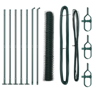 Valla Hexagonal  Verde 1.2x10 m Acero. Postes de Valla  con Placas Base 7 pcs Ø32mm 68.5cm Acero Galvanizado H