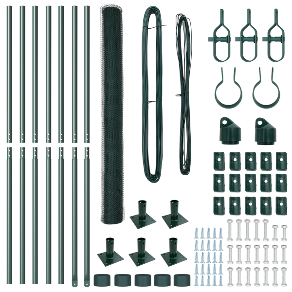 Cerca Hexagonal Verde 1.6x10 m Acero.  Poste de Cercas con Placas de Base 7 pcs Ø32mm 88.5cm Acero Galvanizado M 5