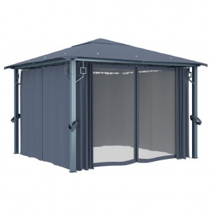 Cenador con cortina gris antracita aluminio 300x300 cm H