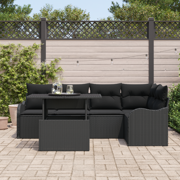 Conjunto de Sofá de Jardim  6 Peças com Almofadas de Rattan Poliéster Preto M 3