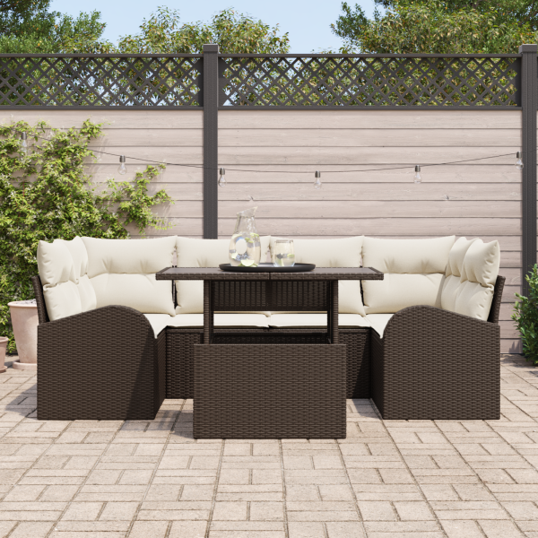 Conjunto de Sofá de Jardim  com Almofadas 7 Peças Castanho Rattan Poliéster M 3