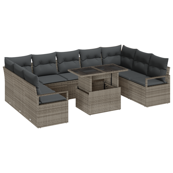 Conjunto de Sofá de Jardim  10 Peças com Almofadas Cinza de Rattan Poli M 2