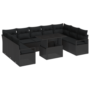 Conjunto de Sofás de Jardim  de 10 Peças com Almofadas de Polirattan Preto H