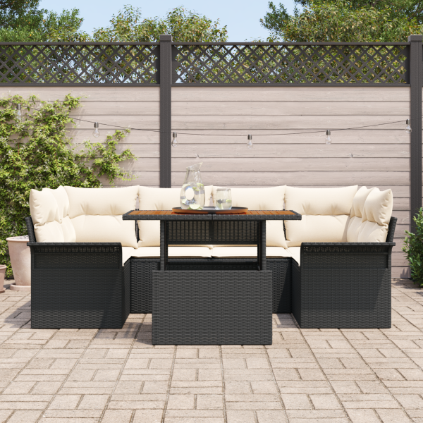 Conjunto de Sofá de Jardim  de 7 Peças com Almofadas Preto Rattan Poliéster M 3