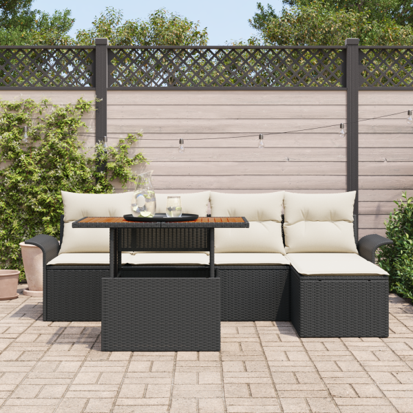 Conjunto de Sofás de Jardim de 6 Peças com Almofadas em Rattan Preto M 3