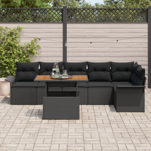 Conjunto de Sofá de Jardim de 7 Peças  com Almofadas Rattan Poly Preto M 3