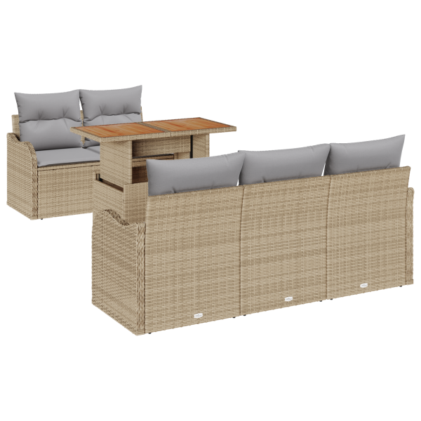 Conjunto de Sofá de Jardim de 6 Peças com Almofadas Bege Rattan Poly M 2