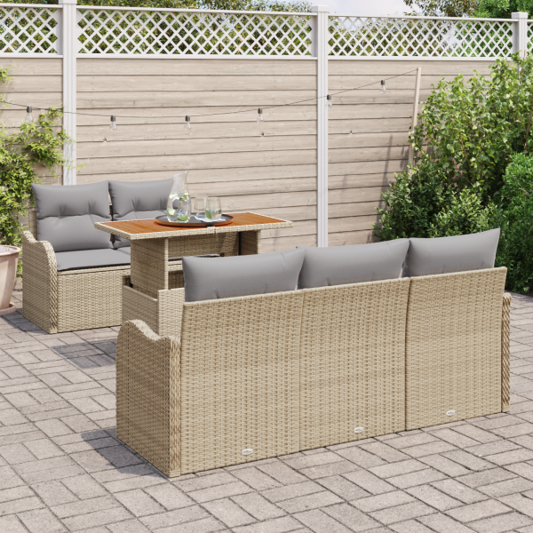 Conjunto de Sofá de Jardim de 6 Peças com Almofadas Bege Rattan Poly M 3