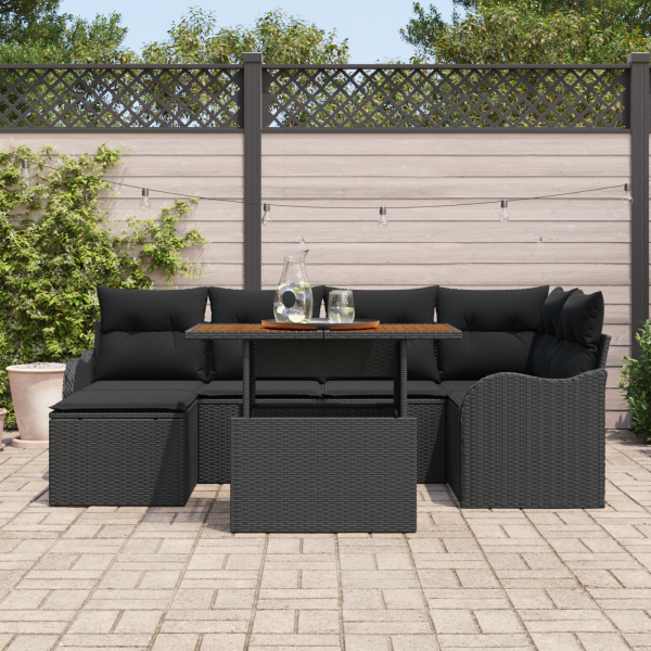 Conjunto de Sofá de Jardim de 7 peças com Almofadas Preto Rattan Poliéster M 3