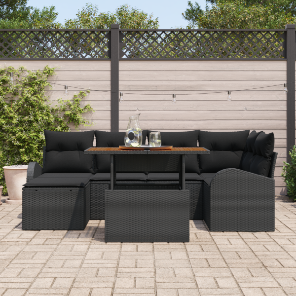 Conjunto de Sofás de Jardim de 7 Peças com Almofadas Preto Rattan Poliéster M 3