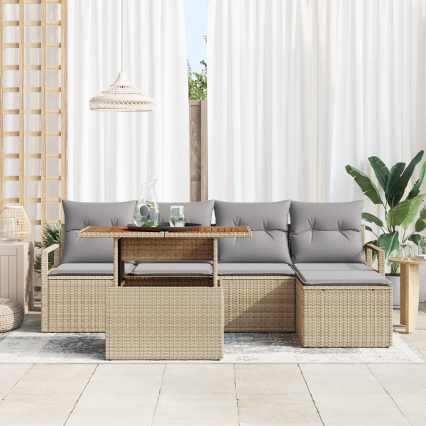 Conjunto de Sofá de Jardim  de 6 Peças com Almofadas Bege de Rattan Poliéster M 3