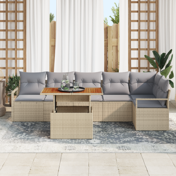 Set de Sofá de Jardín de 7 Piezas con Cojines Beige de Rattan Polipropileno M 3