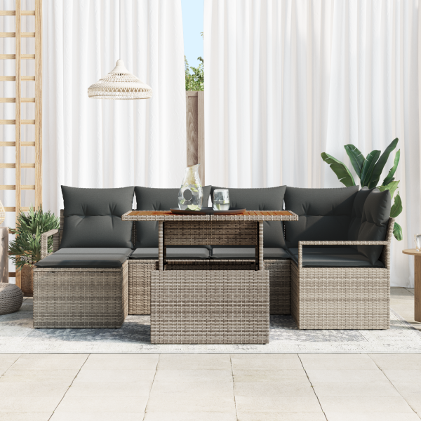 Conjunto de Sofá de Jardim  7 Peças com Almofadas Cinza Rattan Poliéster M 3