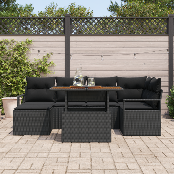 Conjunto de Sofá de Jardim  de 7 Peças com Almofadas Rattan Preto M 3