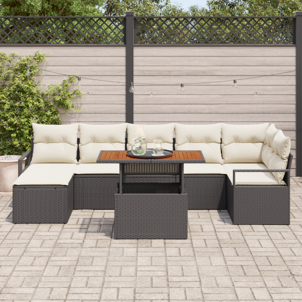 Conjunto de Sofá de Jardim  de 8 peças com Almofadas Pretas de Rattan e Poliéster M 3
