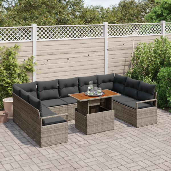Conjunto de Sofá de Jardim  de 10 peças com Almofadas Cinza Rattan Poli M 3
