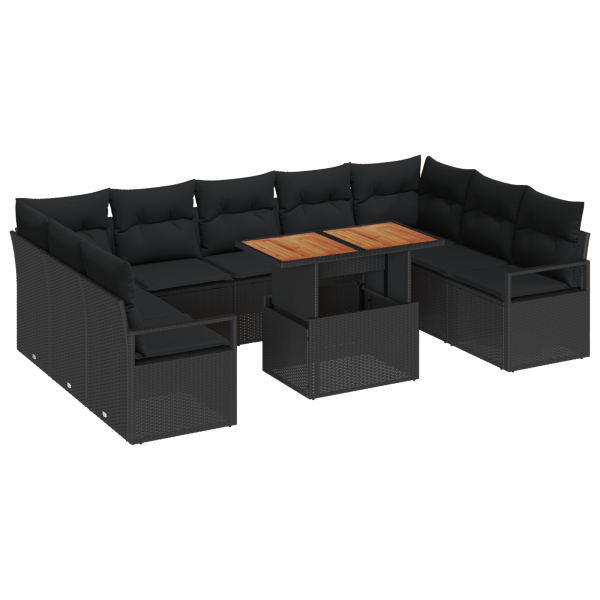 Conjunto de Sofá de Jardim  de 10 Peças com Almofadas Rattan Poli Preto M 2