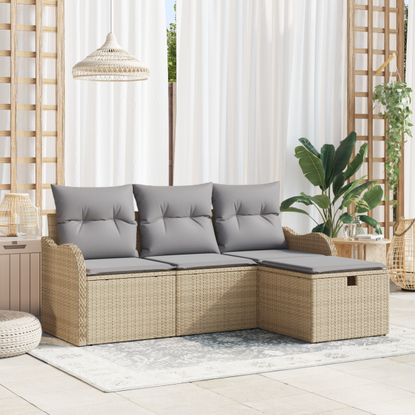 Set de Sofá de Jardín de 4 Piezas con Cojines Beige Polirratán D