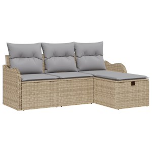 Conjunto de Sofá de Jardim  de 4 Peças com Almofadas Bege Rattan Sintético H