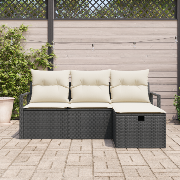 Conjunto de Sofá de Jardim  de 4 Peças com Almofadas Preto Rattan Sintético M 3