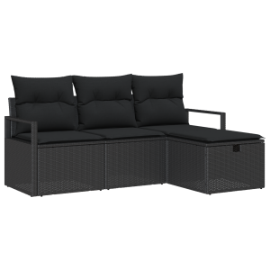 Conjunto de Sofá de Jardim  de 4 Peças com Almofadas Rattan Poly Preto H
