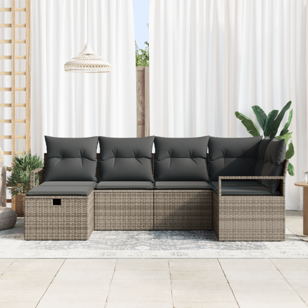Conjunto de Sofá de Jardim de 6 Peças com Almofadas Cinza Rattan Poli M 3
