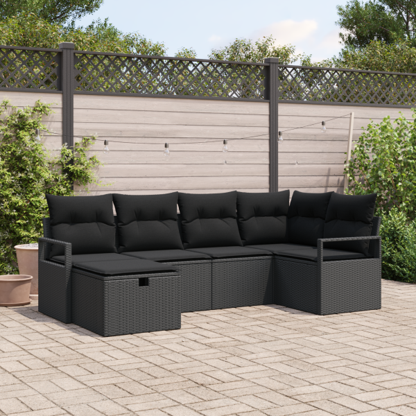 Set de 6 piezas de sofá de jardín con cojines de rattan poliéster negro D