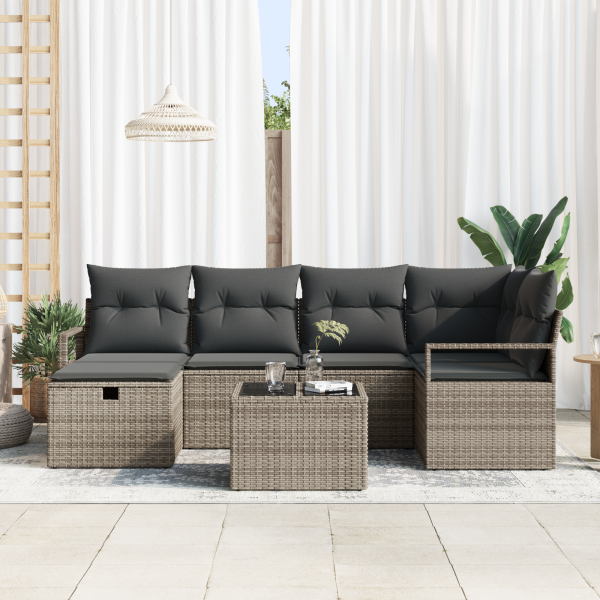 Conjunto de Sofá de Jardim  de 7 Peças com Almofadas Cinzento Rattan Poliéster M 3