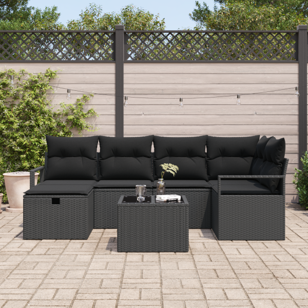 Conjunto de Sofás de Jardim  7 Peças com Almofadas Preto Rattan M 3