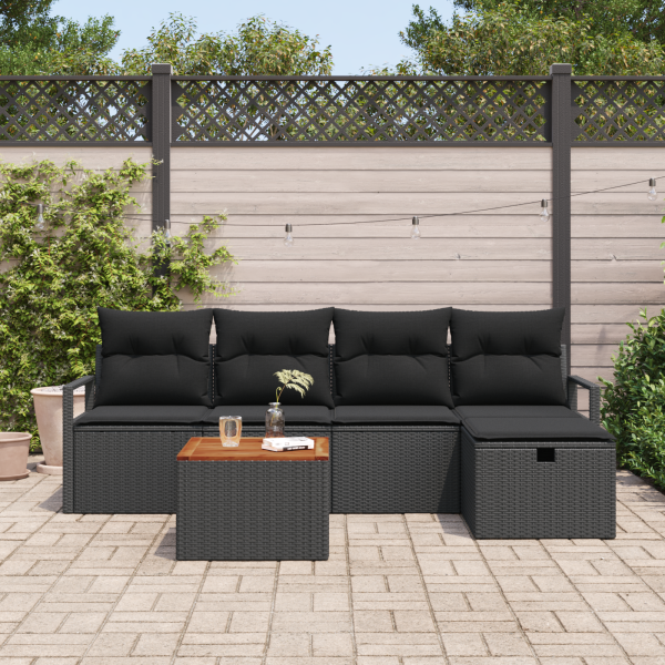 Conjunto de Sofá de Jardim  de 6 Peças com Almofadas Preto Polirattan M 3
