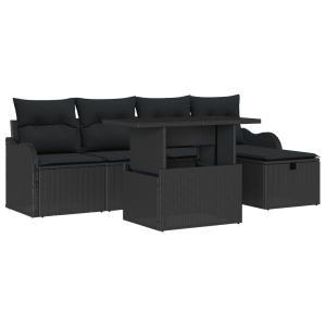Conjunto de Sofá de Jardim  de 6 Peças com Almofadas em Rattan Preto H