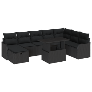 Conjunto de Sofá de Jardim  com Almofadas Preto Rattan Poliéster 9 Peças H