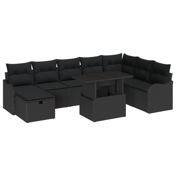 Conjunto de Sofá de Jardim  com Almofadas Preto Rattan Poliéster 9 Peças M 2