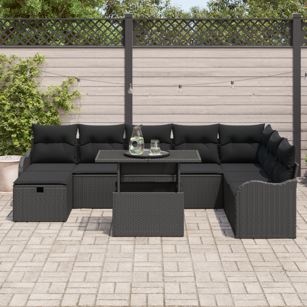Conjunto de Sofá de Jardim  com Almofadas Preto Rattan Poliéster 9 Peças M 3