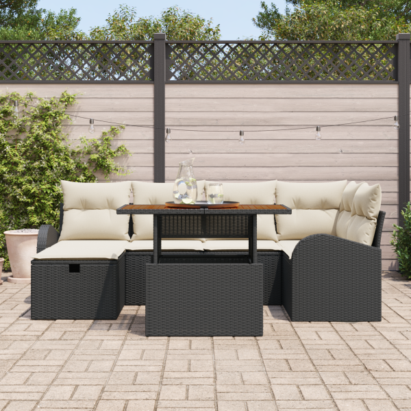 Conjunto de Sofá de Jardim  7 Peças com Almofadas Preto Rattan Poliéster M 3