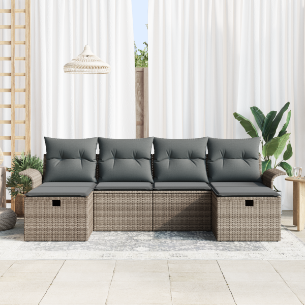 Conjunto de Sofás de Jardim  6 Peças com Almofadas Cinzas Rattan Poliéster M 3