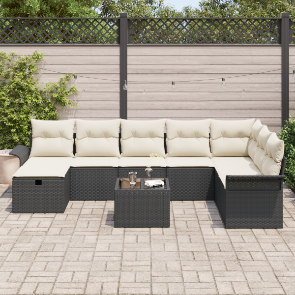 Conjunto de Sofá de Jardim de 9 Peças com Almofadas Preto Vime M 3