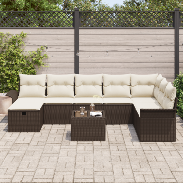 Conjunto de Sofá de Jardim de 9 Peças com Almofadas Marrom Poliéster Rattan M 3