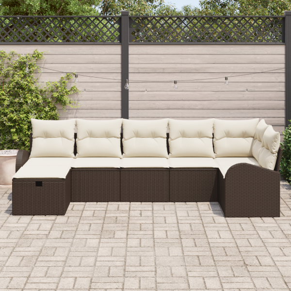 Conjunto de Sofá de Jardim  de 7 peças com Almofadas Castanho Rattan Polipropileno M 3