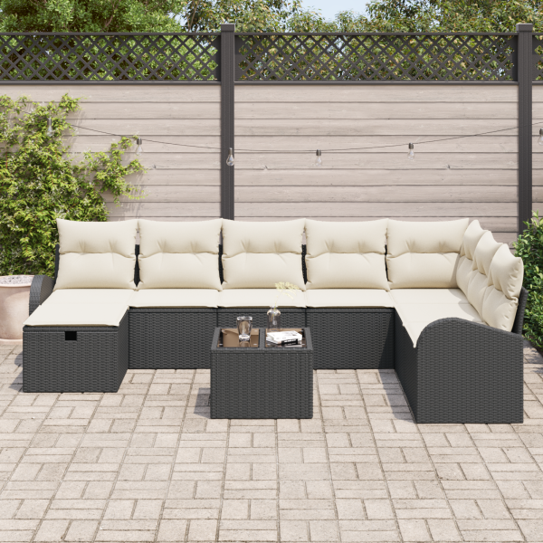 Conjunto de Sofá de Jardim  de 9 Peças com Almofadas Preto Rattan de Polietileno M 3