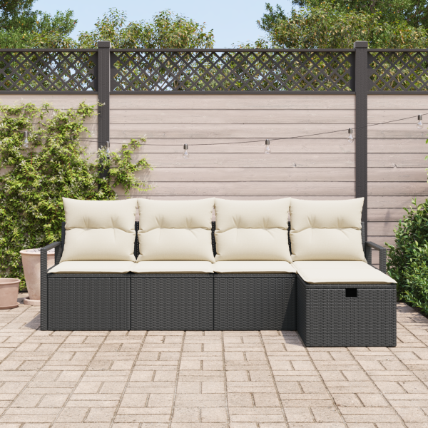 Conjunto de Sofá para Jardim  de 5 Peças com Almofadas Preto Polirattan M 3