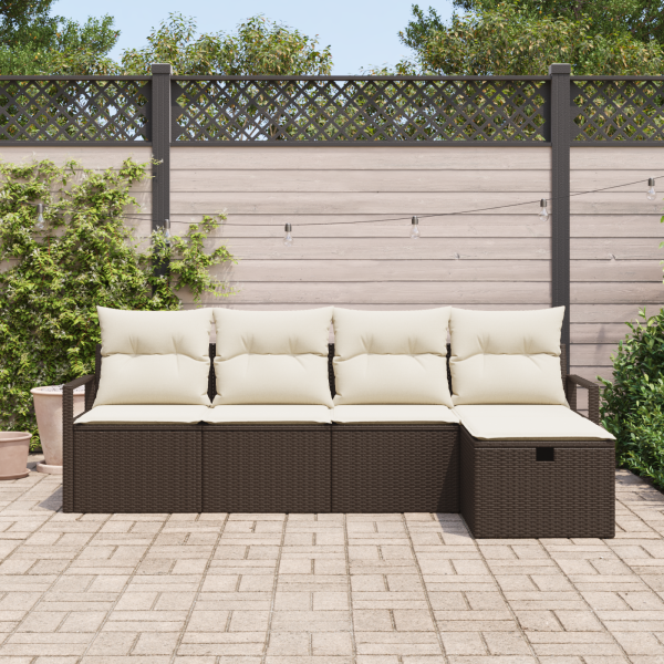 Conjunto de Sofá de Jardim de 5 Peças com Almofadas Castanho Rattan Poliéster M 3