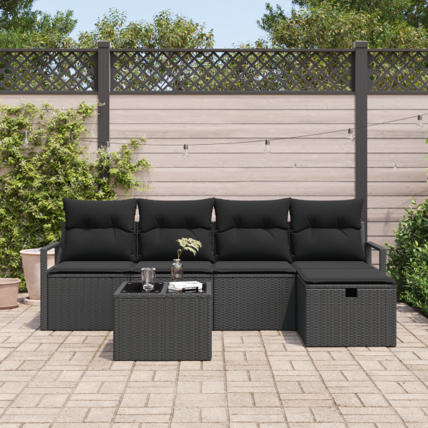 Conjunto de Sofás de Jardim  de 6 Peças com Almofadas de Vime PE Preto M 3