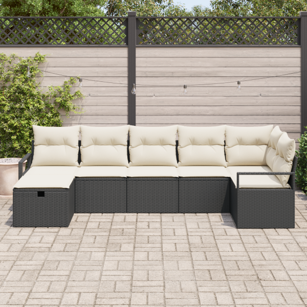 Conjunto de Sofá de Jardim  de 7 peças com Almofadas Preto Rattan Poliéster M 3